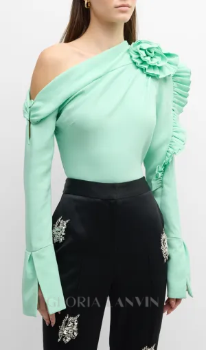 BELLE GREEN RUFFLE ROSETTE ONE-SHOULDER CROP TOP Gloria Lanvin