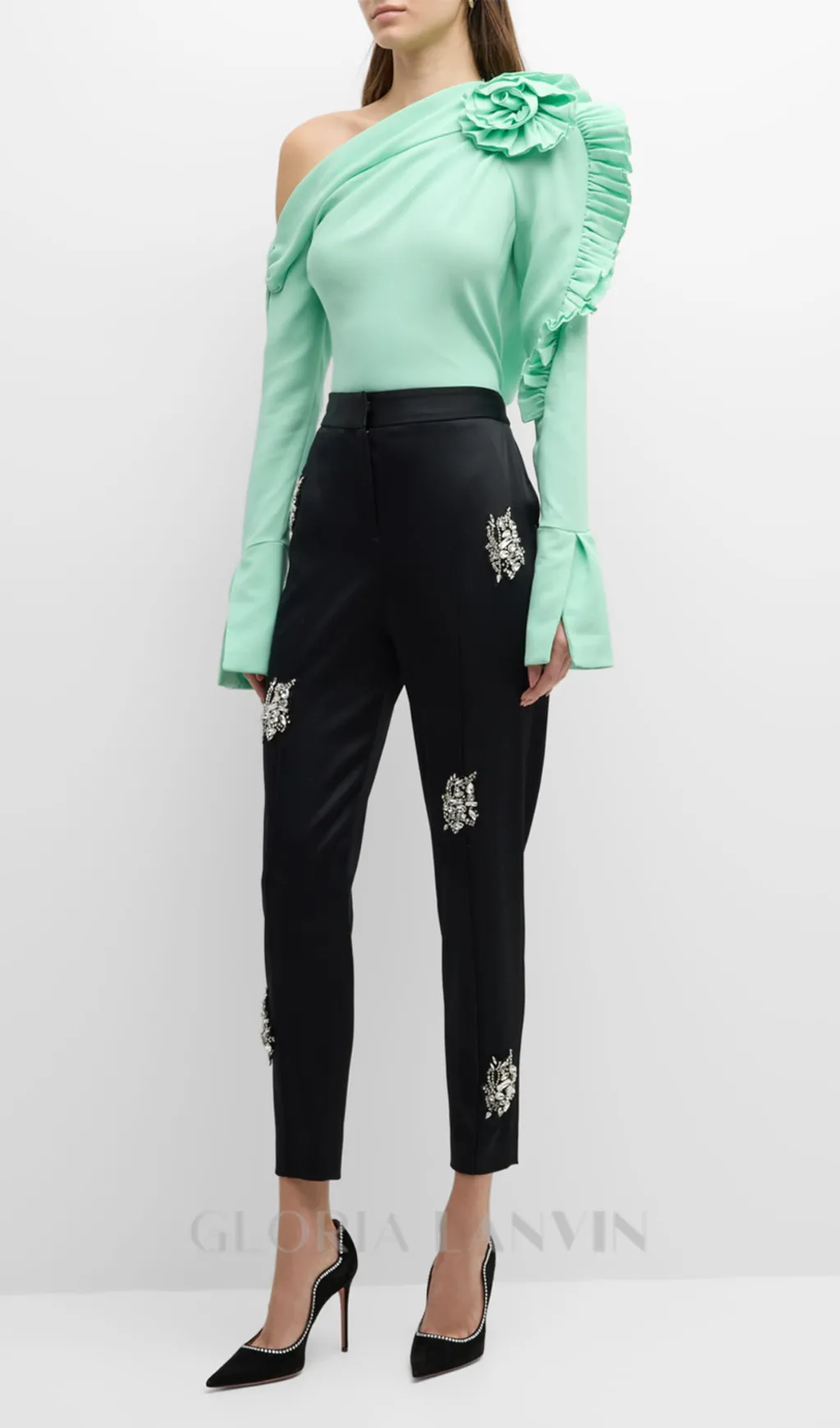 BELLE GREEN RUFFLE ROSETTE ONE-SHOULDER CROP TOP Gloria Lanvin