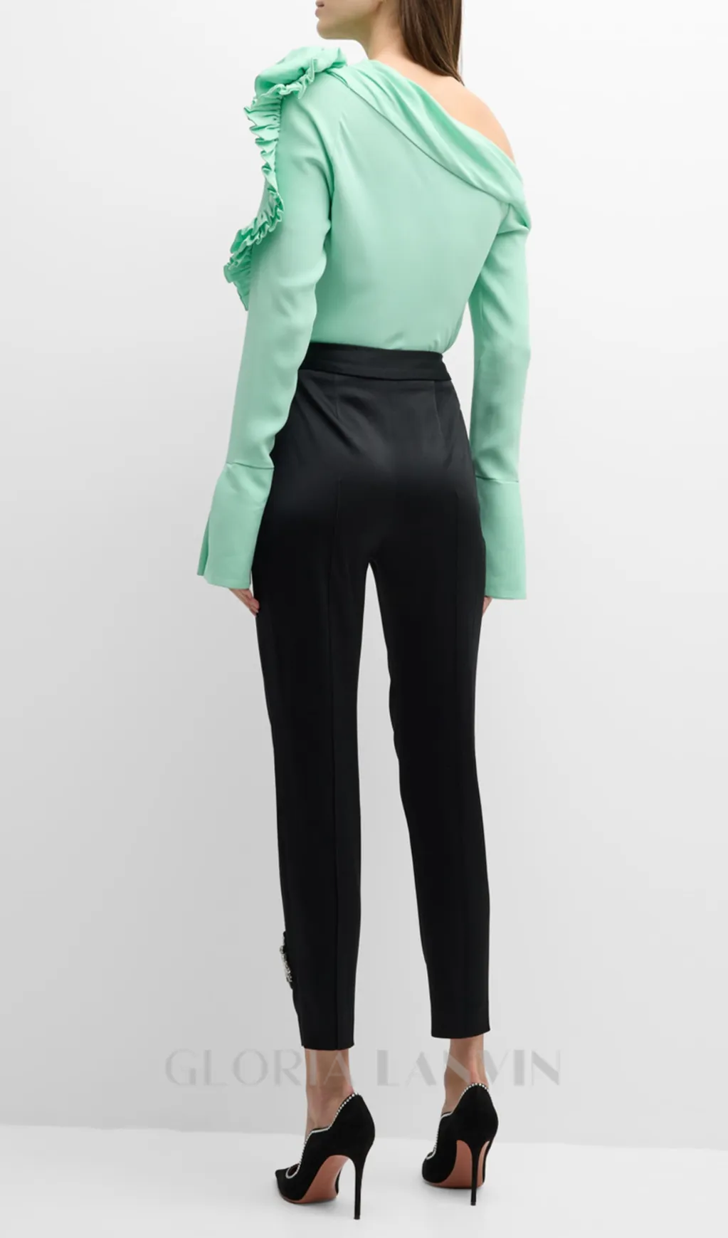 BELLE GREEN RUFFLE ROSETTE ONE-SHOULDER CROP TOP Gloria Lanvin