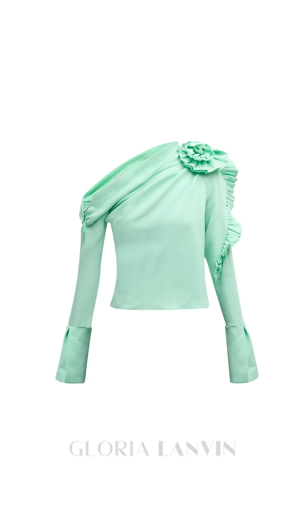 BELLE GREEN RUFFLE ROSETTE ONE-SHOULDER CROP TOP Gloria Lanvin