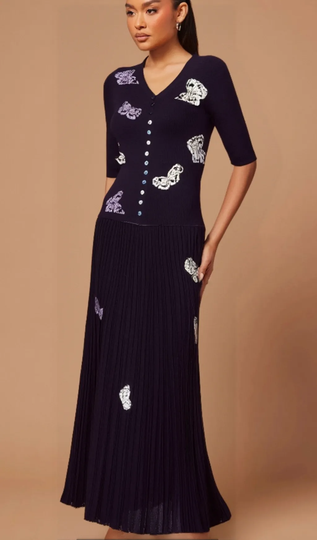 Delphine butterfly ribbed-knit top & skirt matching set Gloria Lanvin