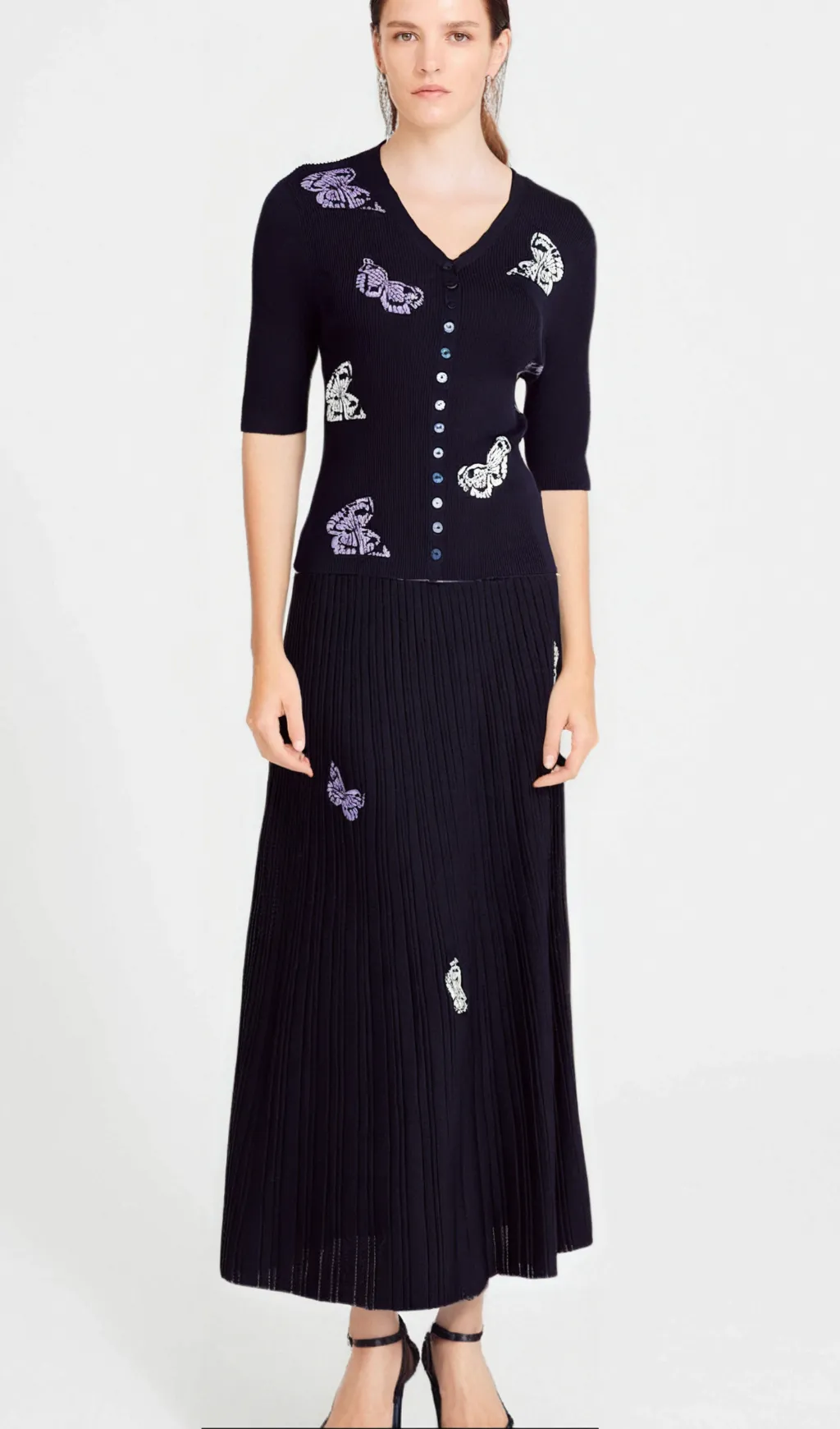 Delphine butterfly ribbed-knit top & skirt matching set Gloria Lanvin