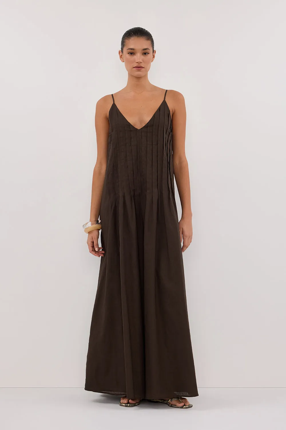 Dissh TAHLIA BITTER CHOC LINEN BLEND MIDI DRESS