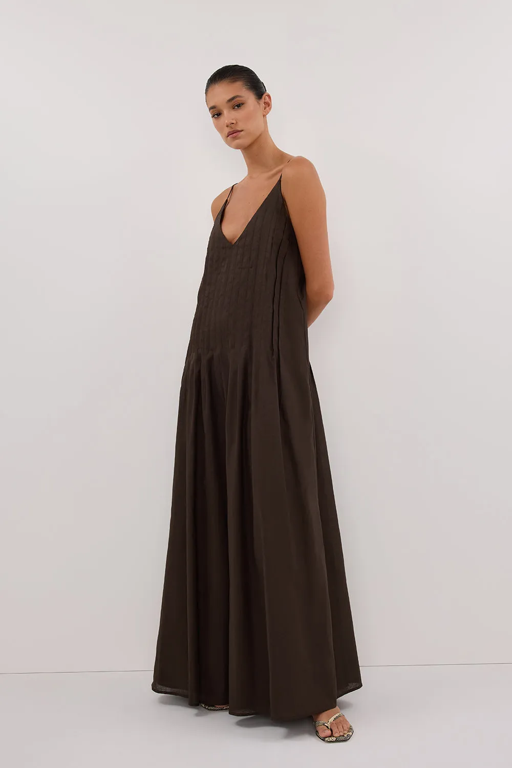 Dissh TAHLIA BITTER CHOC LINEN BLEND MIDI DRESS