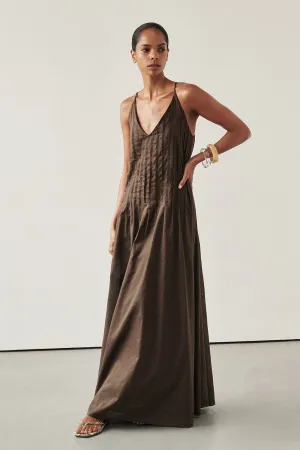 Dissh TAHLIA BITTER CHOC LINEN BLEND MIDI DRESS