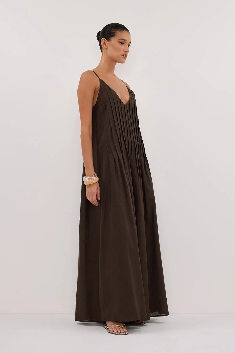 Dissh TAHLIA BITTER CHOC LINEN BLEND MIDI DRESS