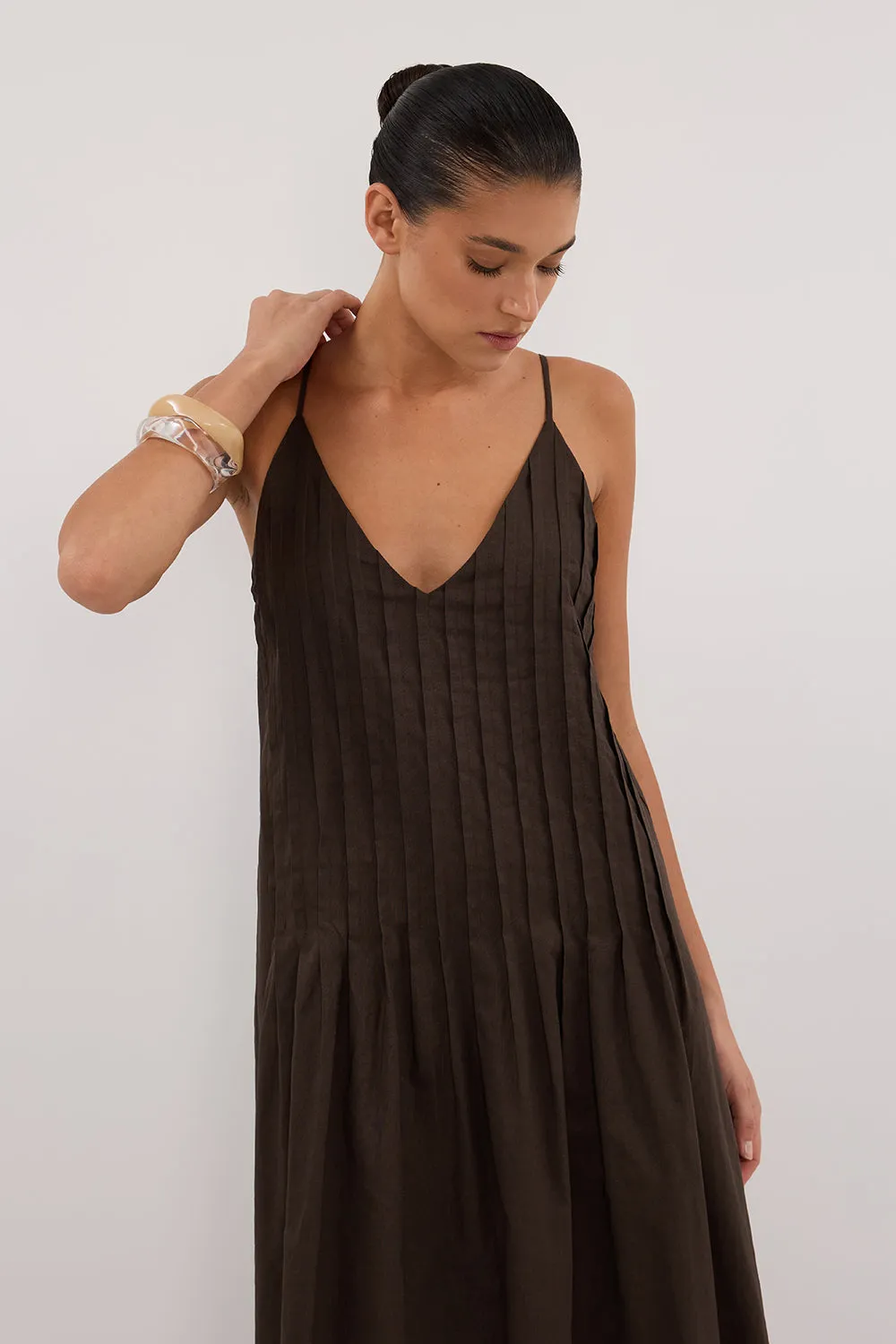 Dissh TAHLIA BITTER CHOC LINEN BLEND MIDI DRESS