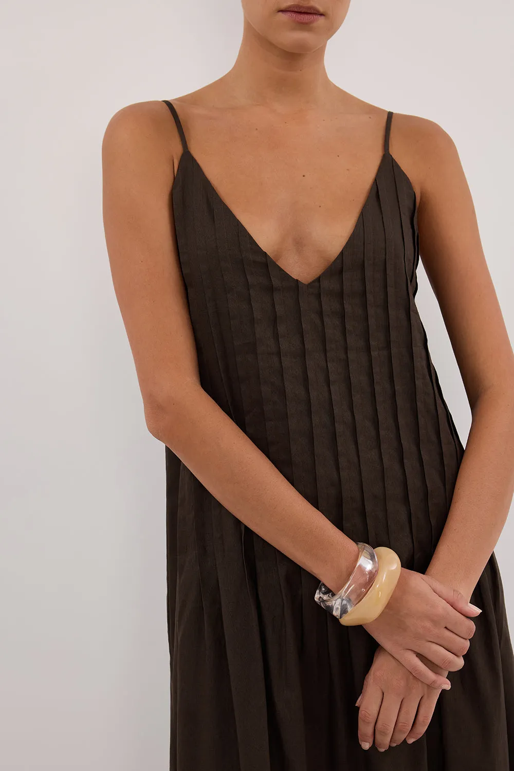 Dissh TAHLIA BITTER CHOC LINEN BLEND MIDI DRESS