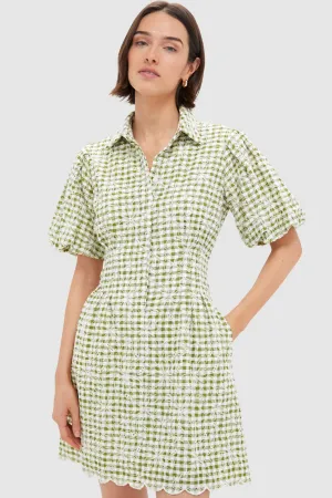 Embroidered Floral Green Gingham Mini Delaney Dress