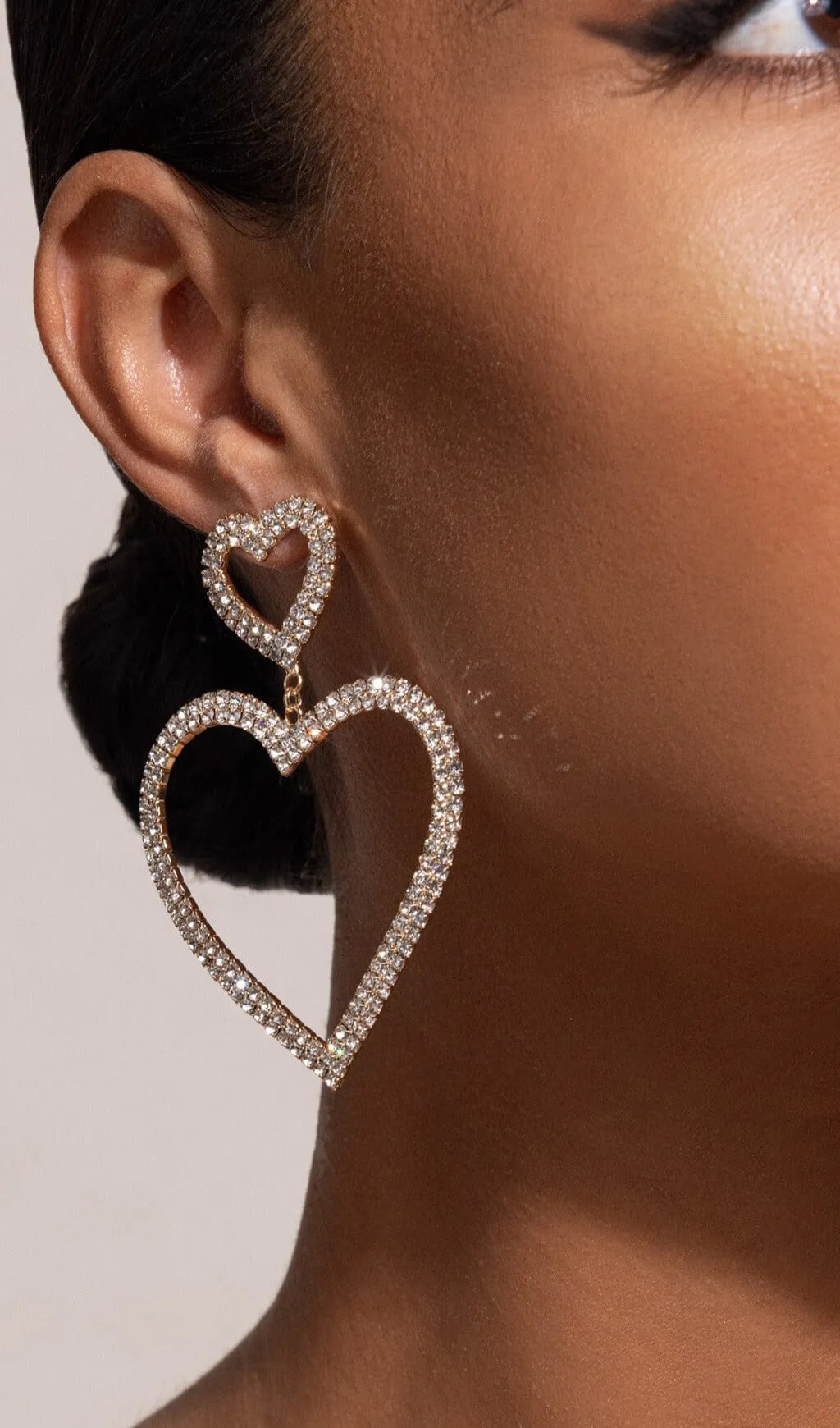 GOLD DIAMANTE HEART SHAPE DROP EARRINGS Gloria Lanvin