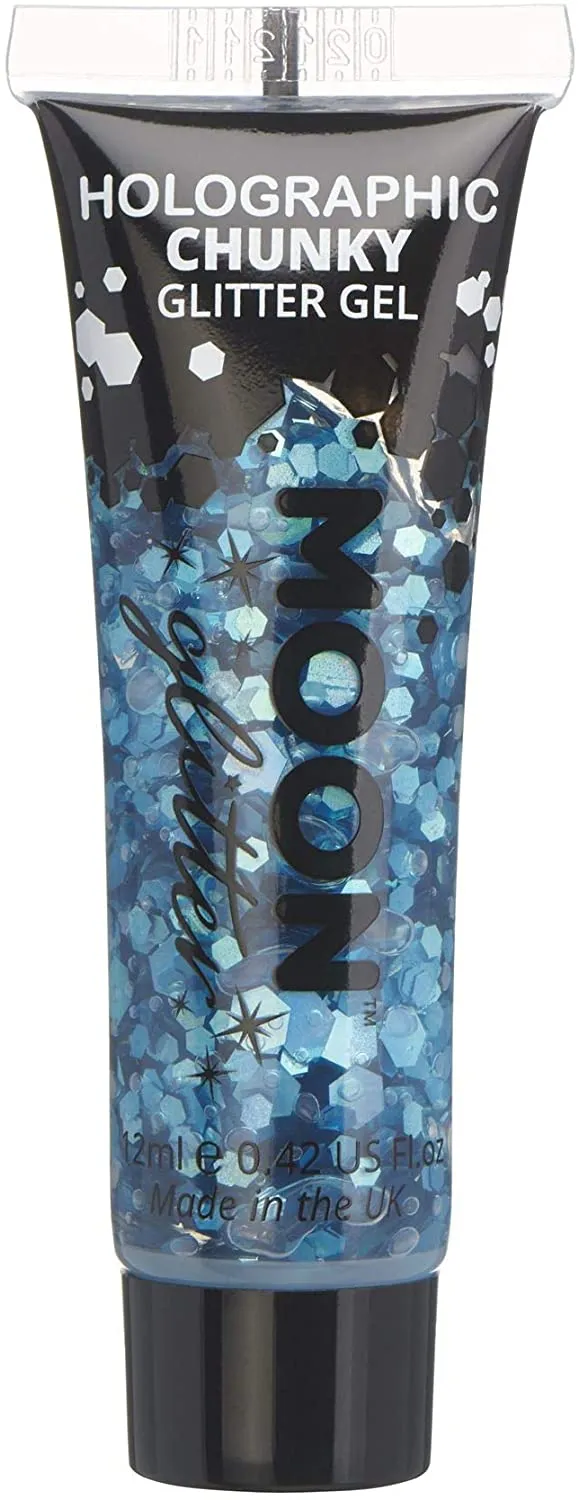 Holographic Chunky Face & Body Glitter Gel by Moon Glitter - Blue - Cosmetic Festival Glitter Face Paint for Face, Body, Hair, Nails - 12ml