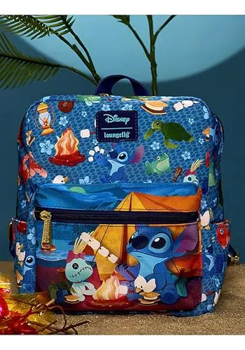 Loungefly Disney Stitch Camping Cuties AOP Nylon Square Mini Backpack (Multicolor)