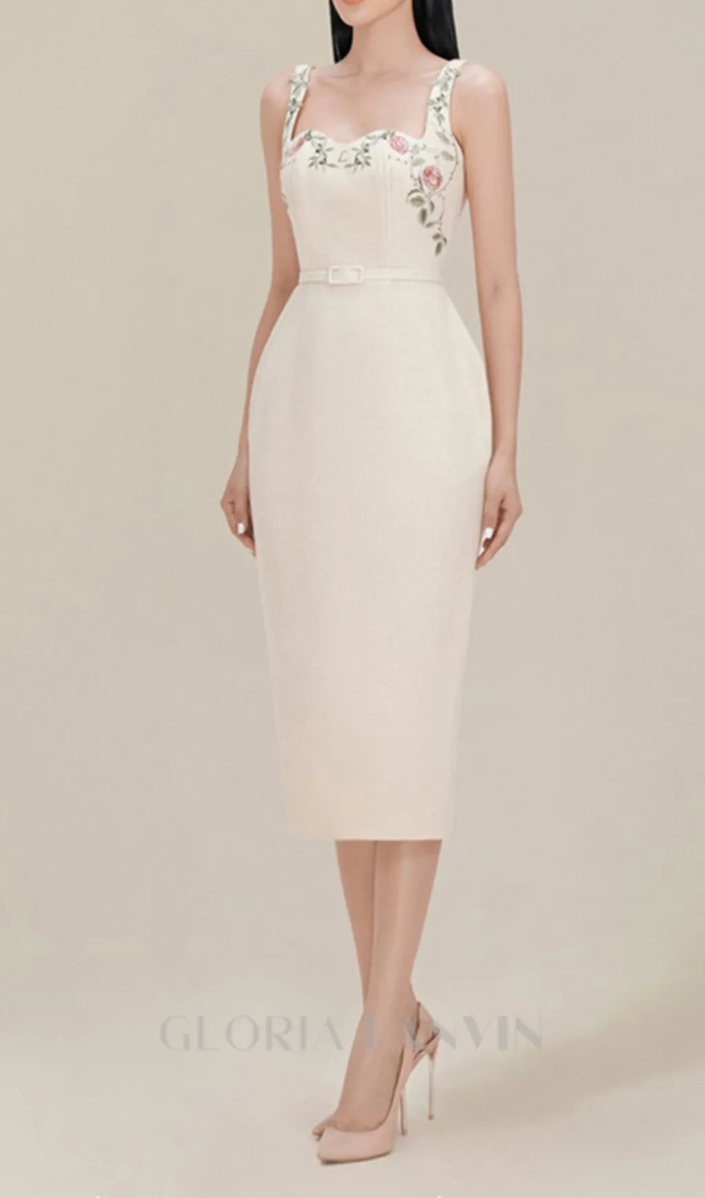 MACHINE EMBROIDERY STRAP HIP MIDI DRESS Gloria Lanvin