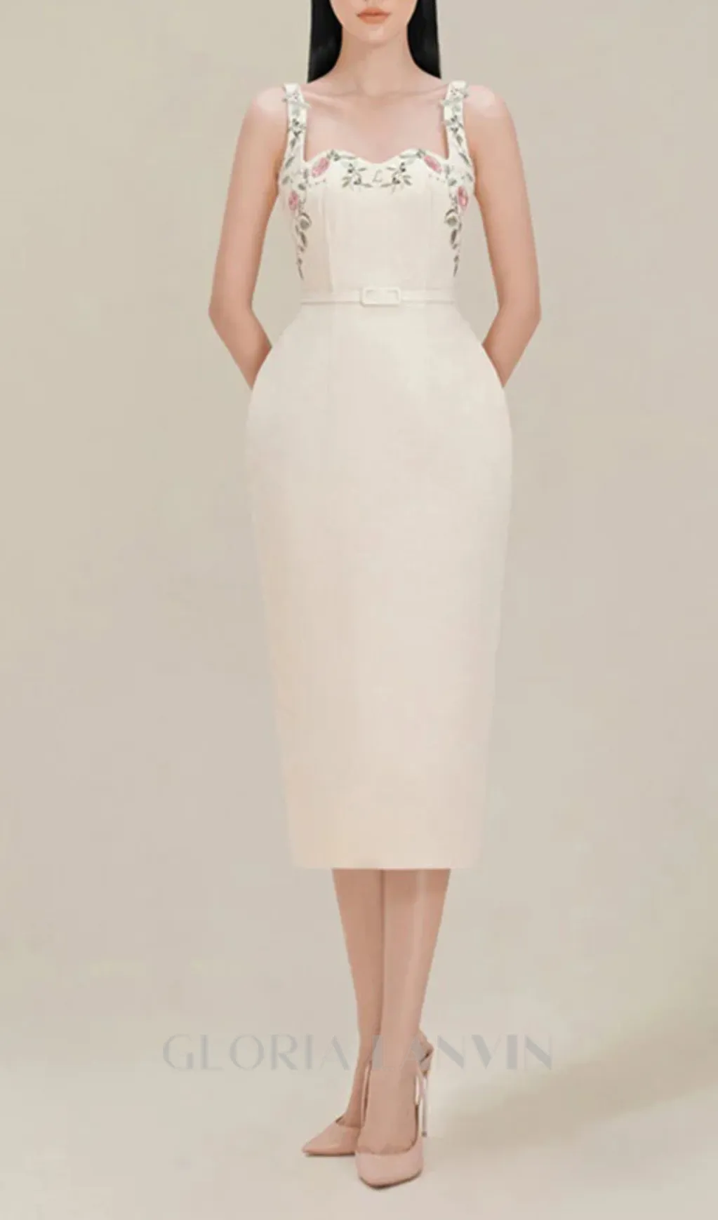 MACHINE EMBROIDERY STRAP HIP MIDI DRESS Gloria Lanvin