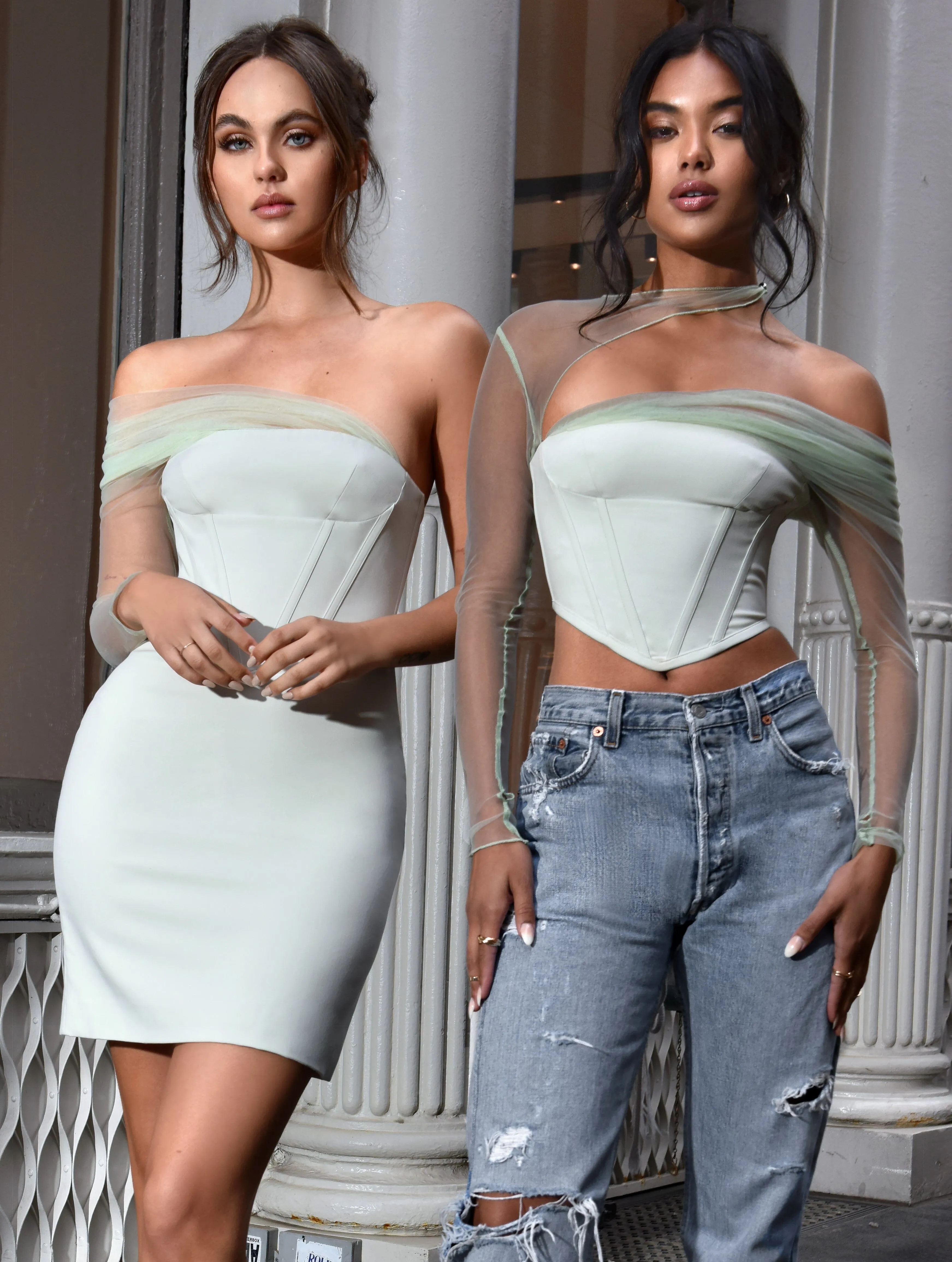 MIAH MINT STRETCH MESH SLEEVE CORSET TOP Gloria Lanvin
