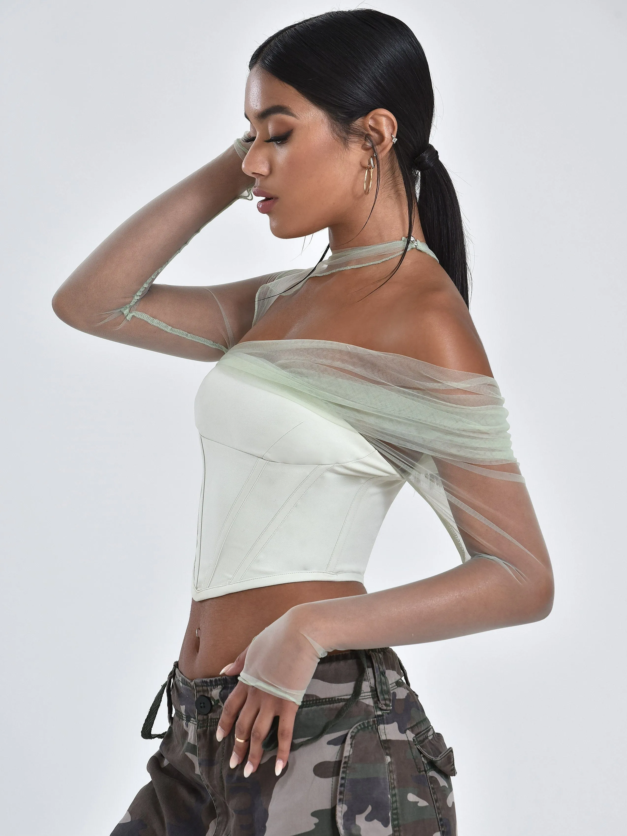 MIAH MINT STRETCH MESH SLEEVE CORSET TOP Gloria Lanvin