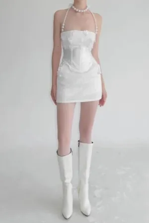 pearl fishbone wrap top skirt set in white Gloria Lanvin