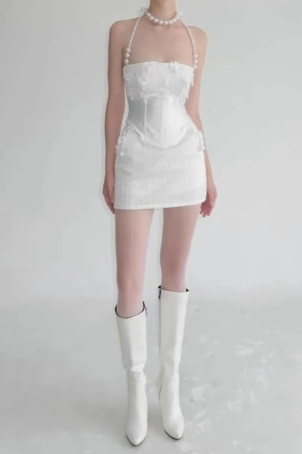 pearl fishbone wrap top skirt set in white Gloria Lanvin