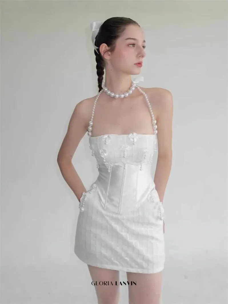 pearl fishbone wrap top skirt set in white Gloria Lanvin