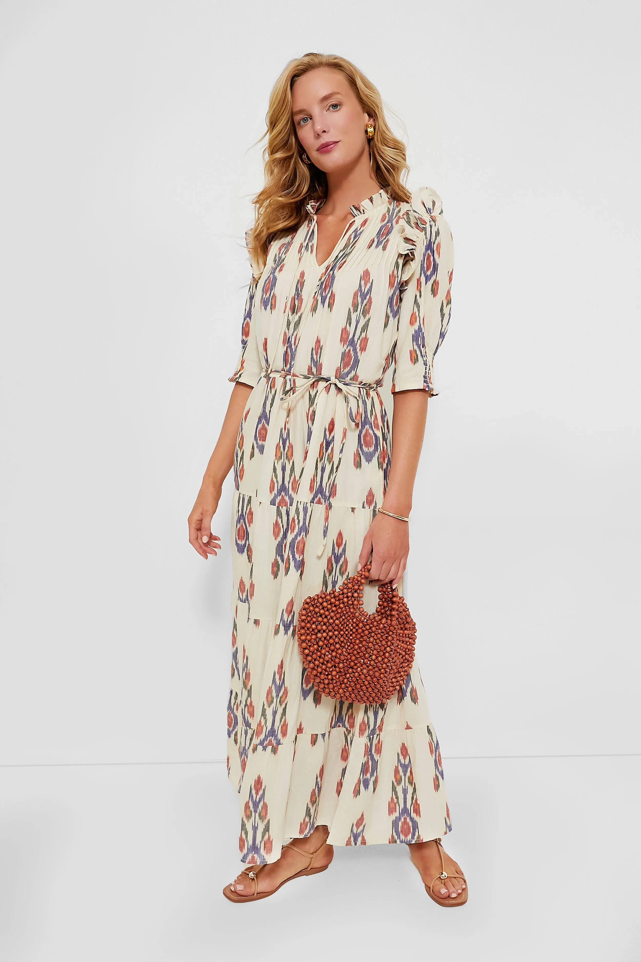 Sanford Cream Cinched Pintuck Maxi Dress