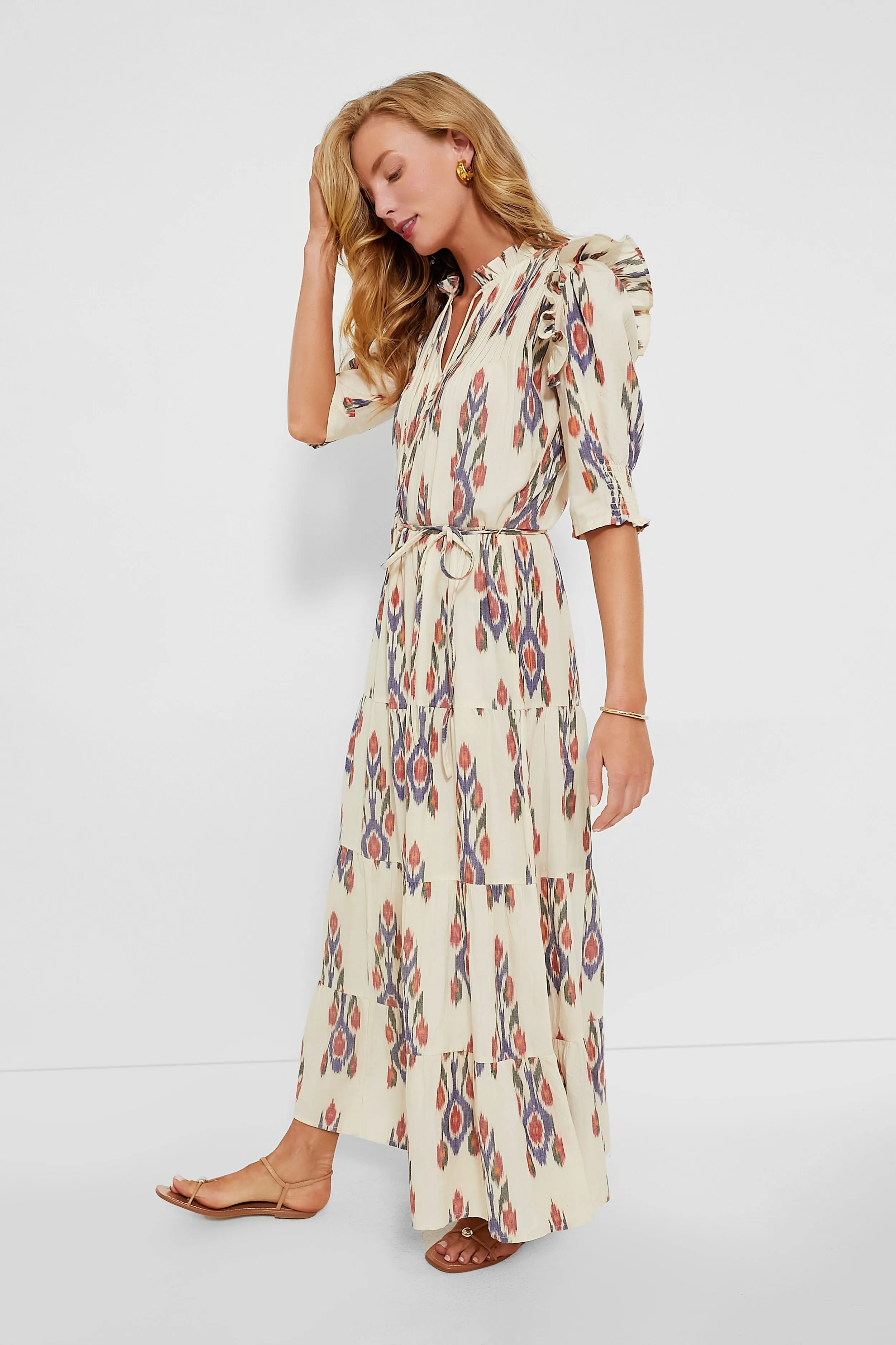 Sanford Cream Cinched Pintuck Maxi Dress
