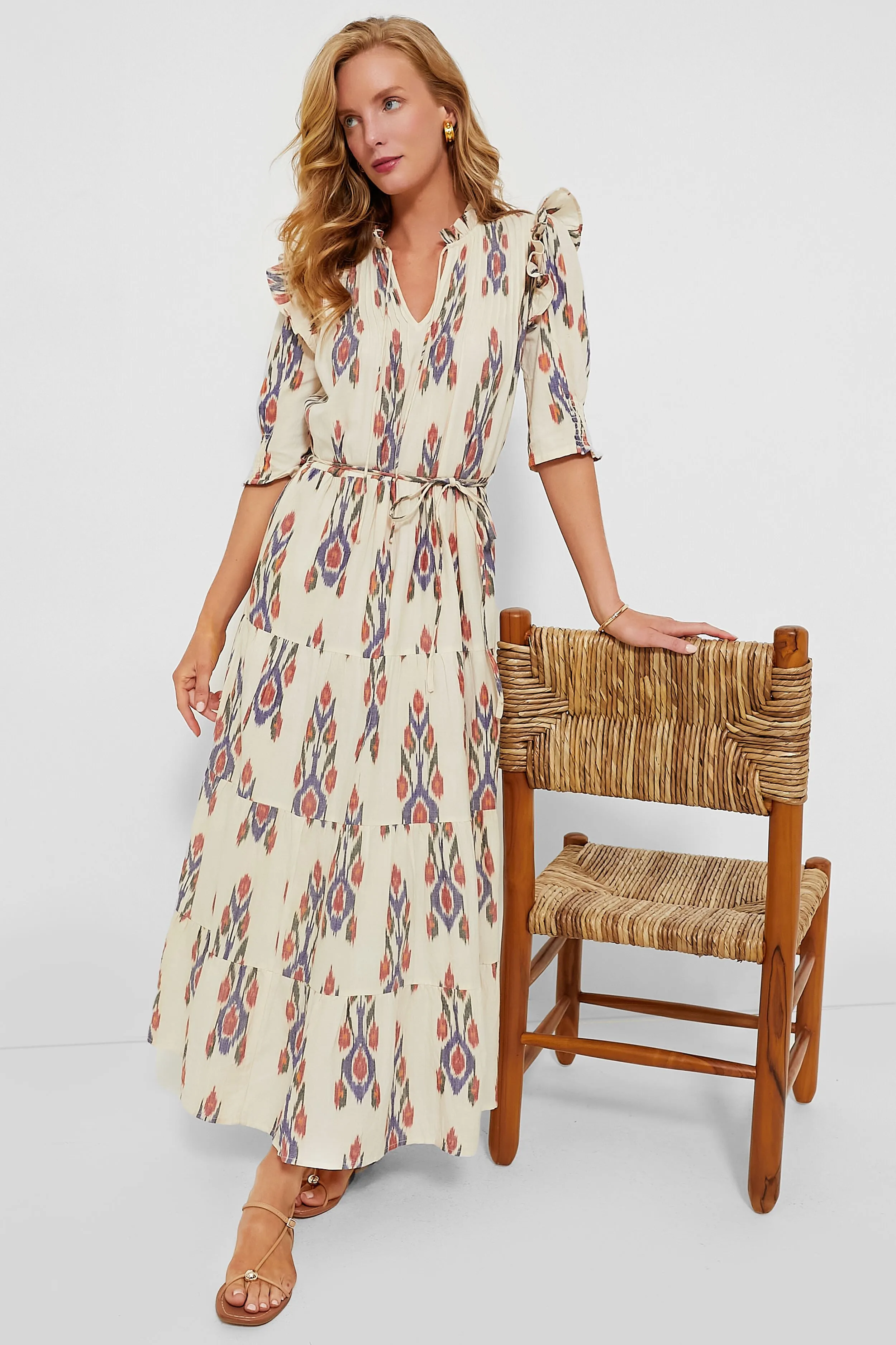 Sanford Cream Cinched Pintuck Maxi Dress