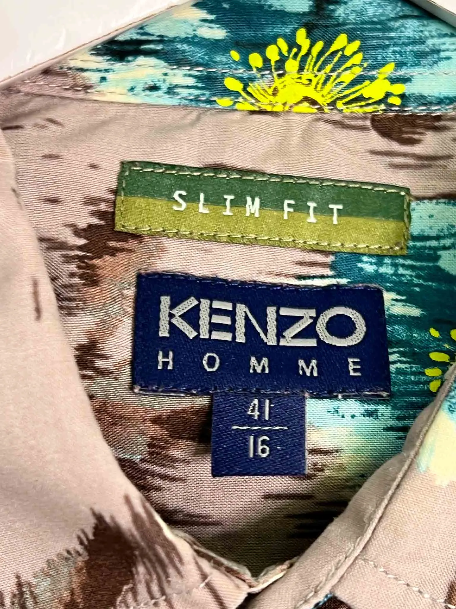 Size 41 (M/L) | Kenzo  Homme Taupe and Blue Floral Cotton Long Sleeve Shirt