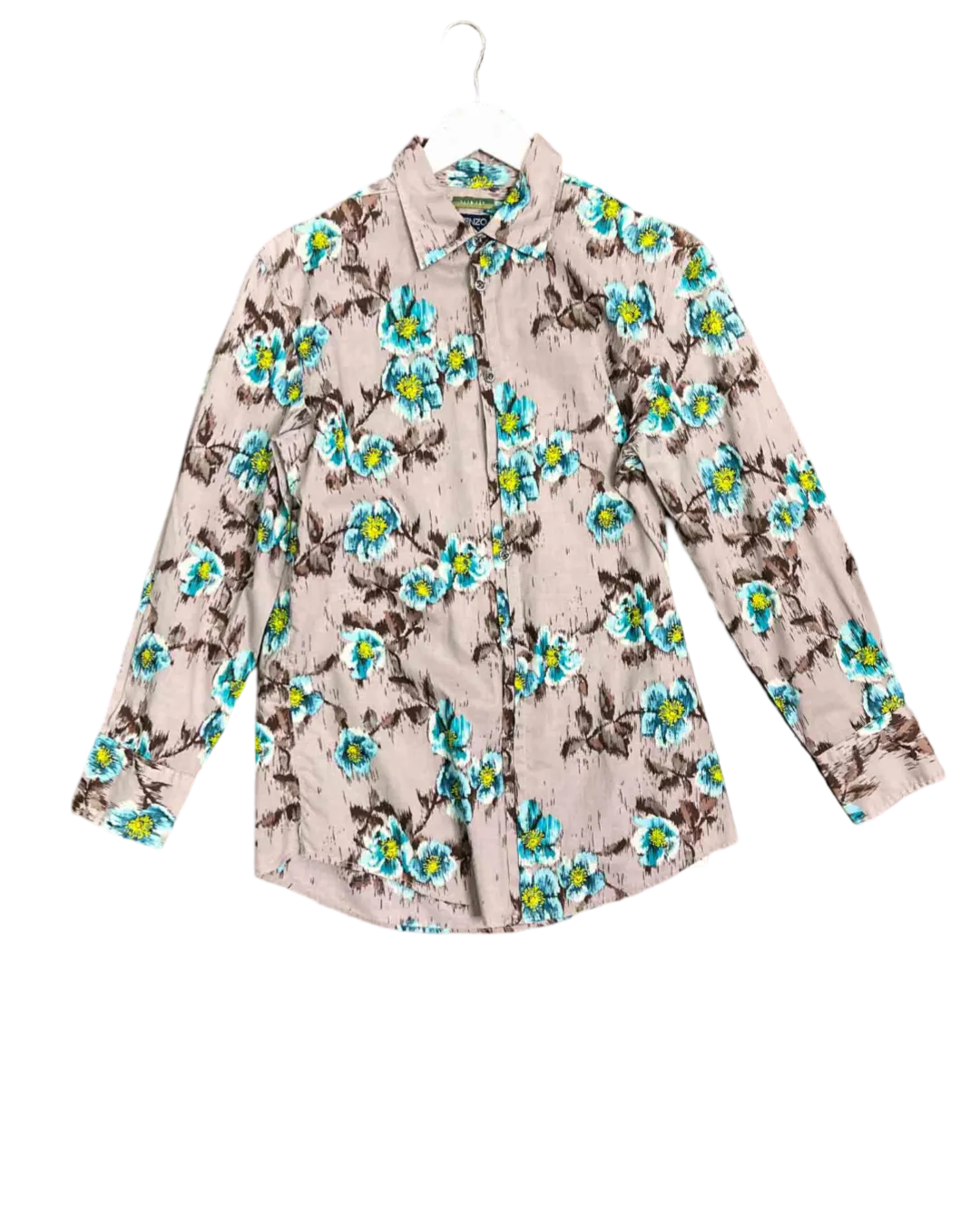 Size 41 (M/L) | Kenzo  Homme Taupe and Blue Floral Cotton Long Sleeve Shirt