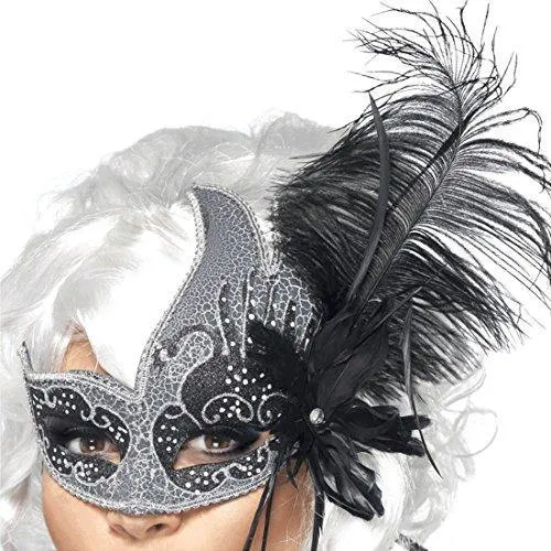 Smiffys Masquerade Dark Angel Feather Eyemask (Silver & Black)