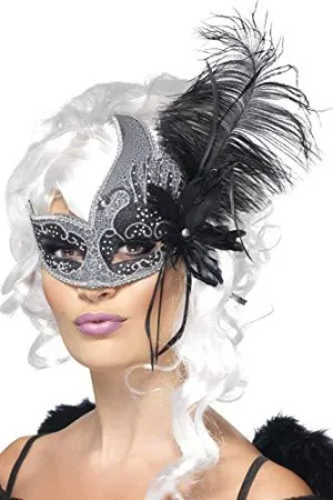 Smiffys Masquerade Dark Angel Feather Eyemask (Silver & Black)